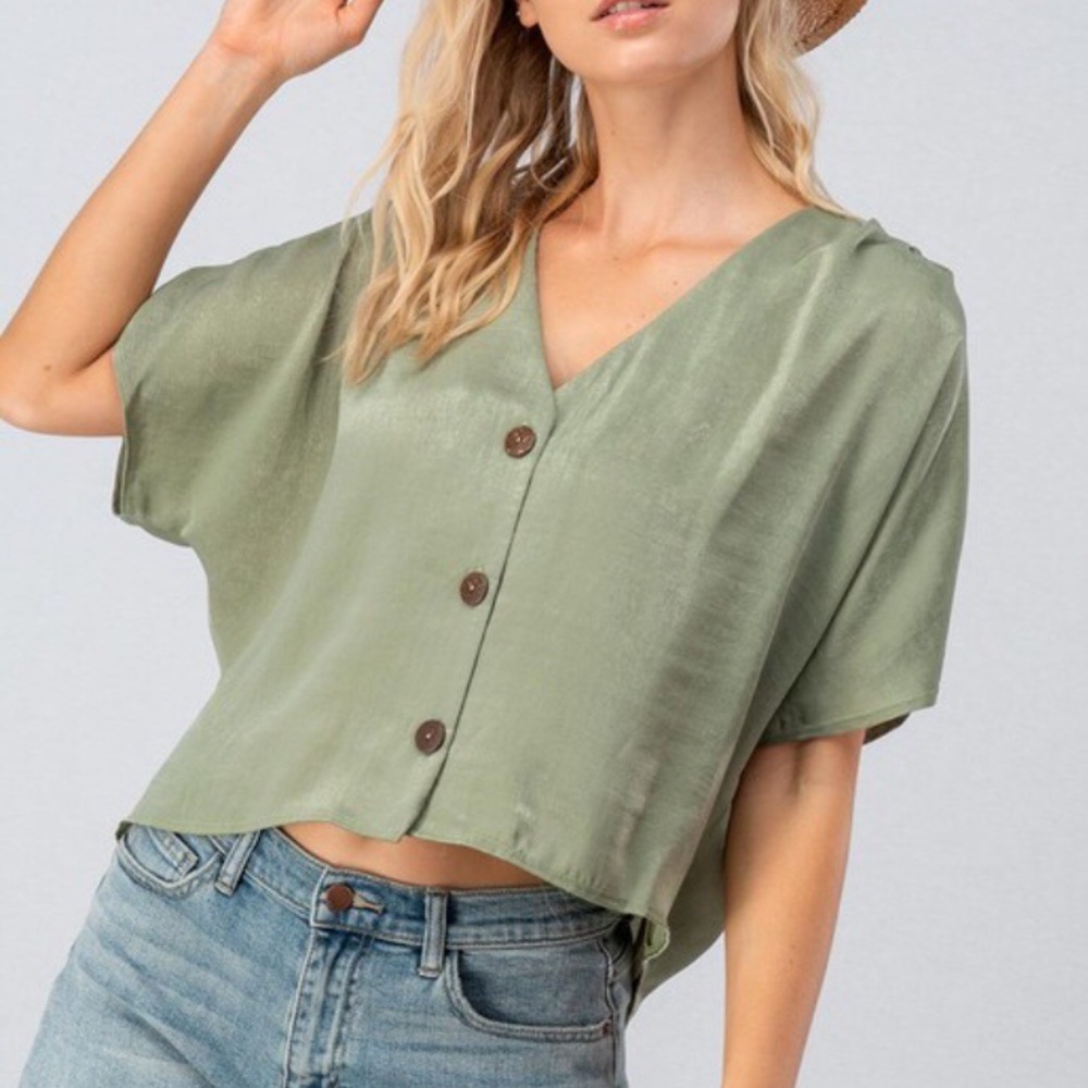 NWT Olive Green Silky Button Down Crop Top